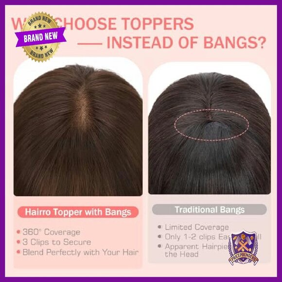Human Hair Topper with Bangs, 3.15x4.33 Silk Base, 360° Coverage